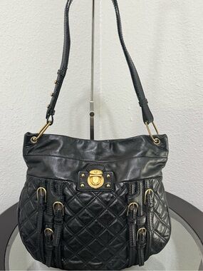 Marc Jacobs Black Quilted Leather Hobo multi buckle in gold.